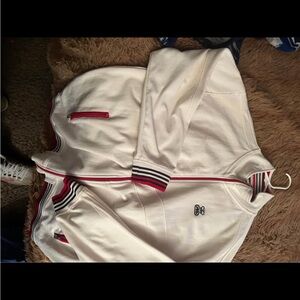 White Track Jacket with Red and Black Stripes